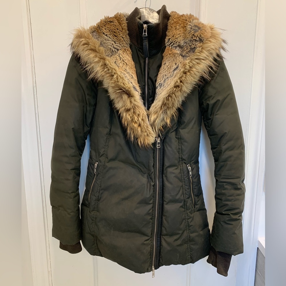 Mackage army green down jacket with fur hood. Size XS